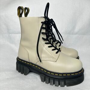 Dr. Martens Cream Leather Platform Combat Boots with Black Laces